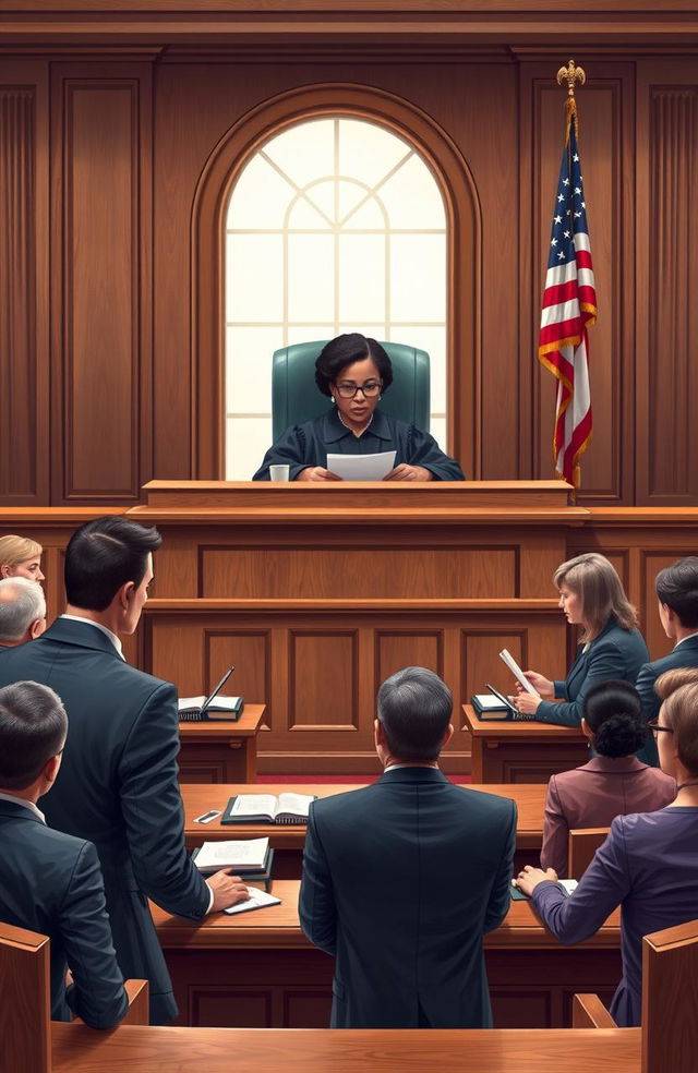 An intricate courtroom scene depicting a judge presiding over a case involving a money loan dispute