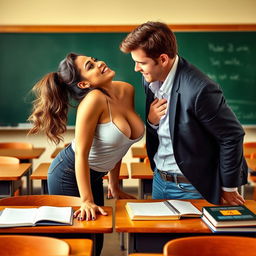 A vibrant image showing a college girl wearing a low-cut top and tight jeans bending over a desk to engage with her professor