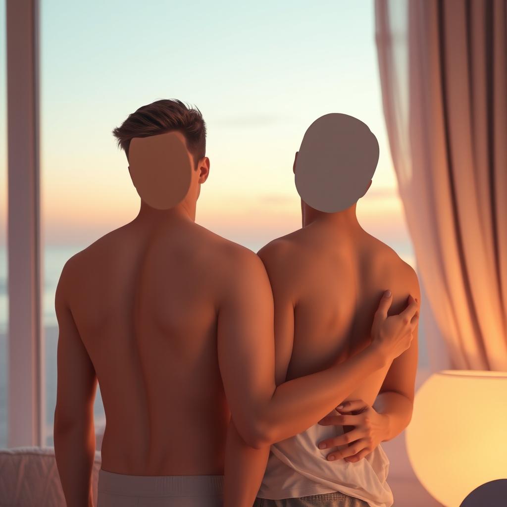 A romantic scene featuring two faceless young adult males, symbolizing connection and intimacy without showing their facial features