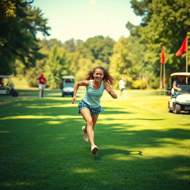 A playful and humorous scene of a young woman streaking across a lush green golf course, captured in mid-run