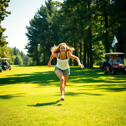 A playful and humorous scene of a young woman streaking across a lush green golf course, captured in mid-run