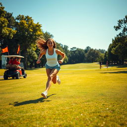 A playful and humorous scene of a young woman streaking across a lush green golf course, captured in mid-run