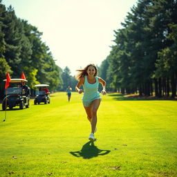 A playful and humorous scene of a young woman streaking across a lush green golf course, captured in mid-run