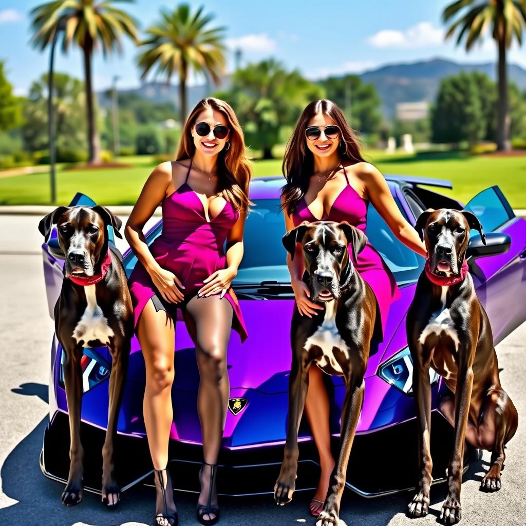 Two striking twin women with identical features and stylish outfits, standing confidently beside a luxurious purple Lamborghini