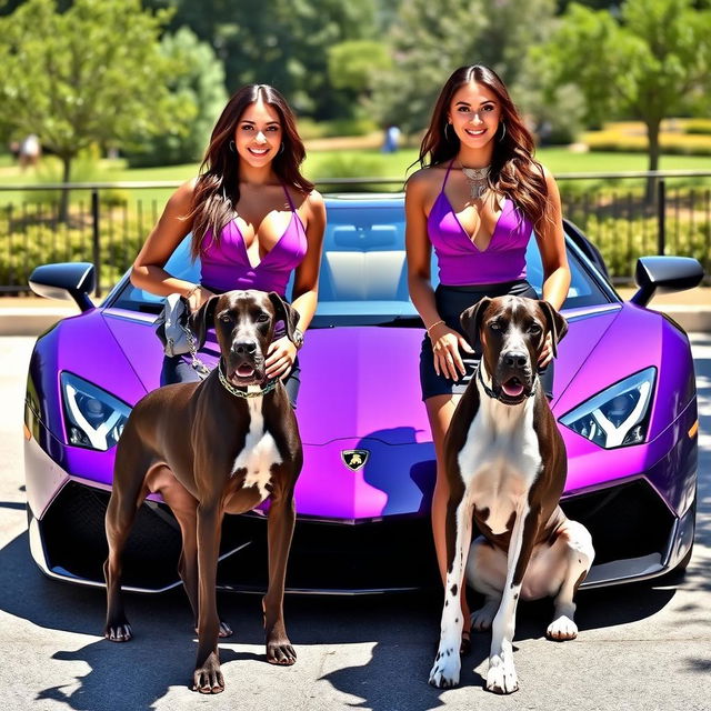 Two striking twin women with identical features and stylish outfits, standing confidently beside a luxurious purple Lamborghini