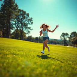 A vibrant scene of a young woman running joyfully across a picturesque golf course, celebrating freedom and vitality