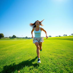 A vibrant scene of a young woman running joyfully across a picturesque golf course, celebrating freedom and vitality