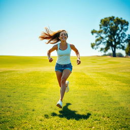 A vibrant scene of a young woman running joyfully across a picturesque golf course, celebrating freedom and vitality