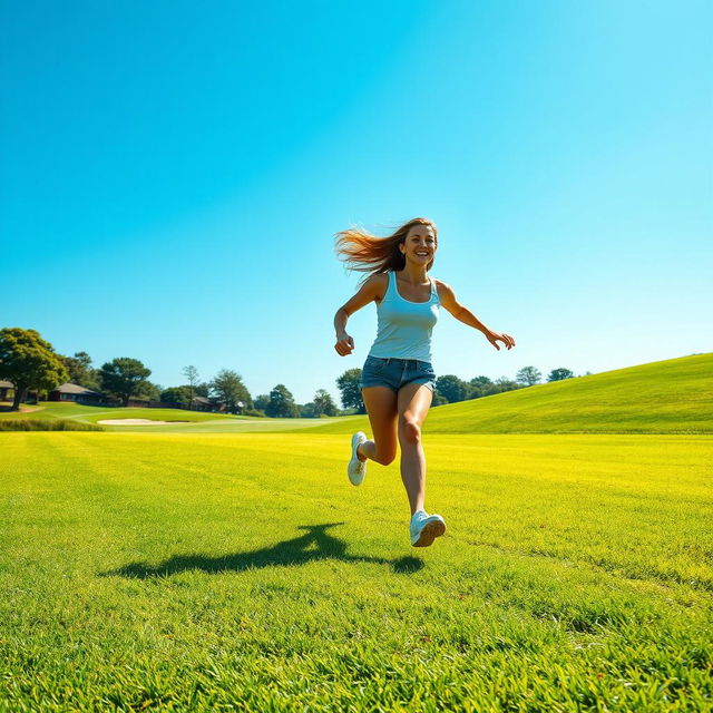 A vibrant scene of a young woman running joyfully across a picturesque golf course, celebrating freedom and vitality