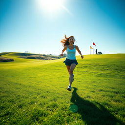 A spirited scene featuring a young woman running freely across a picturesque golf course, celebrating the joy of liberation
