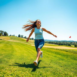 A spirited scene featuring a young woman running freely across a picturesque golf course, celebrating the joy of liberation
