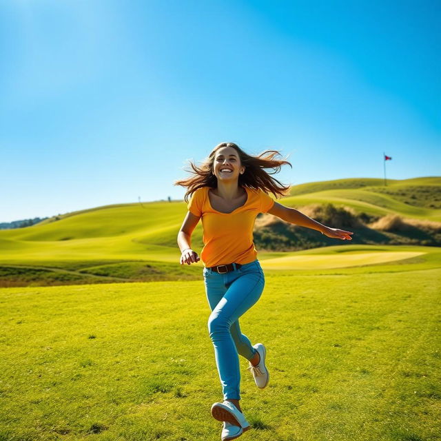 A spirited scene featuring a young woman running freely across a picturesque golf course, celebrating the joy of liberation