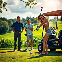 A playful and intriguing scene featuring a young woman golfing confidently without clothes on, showcasing her skill as she prepares to hit the ball on a beautiful golf course