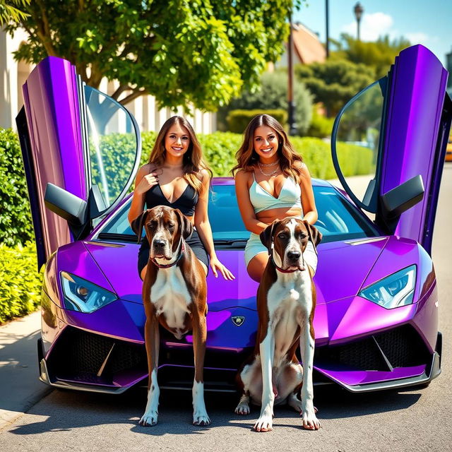 Two stunning twin women with identical features and trendy outfits, standing beside a luxurious purple Lamborghini with its doors elegantly opened