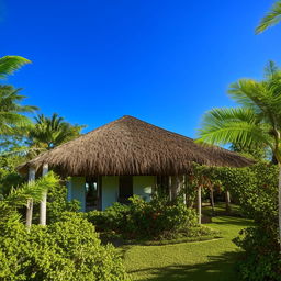 Immaculate tropical bungalow, nestled among lush vegetation under a beautiful blue sky