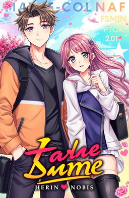 A captivating book cover for a fiction novel featuring an anime-style illustration of a handsome young man and a beautiful young woman