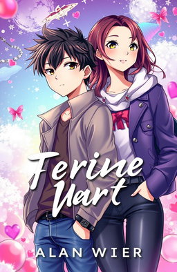 A captivating book cover for a fiction novel featuring an anime-style illustration of a handsome young man and a beautiful young woman