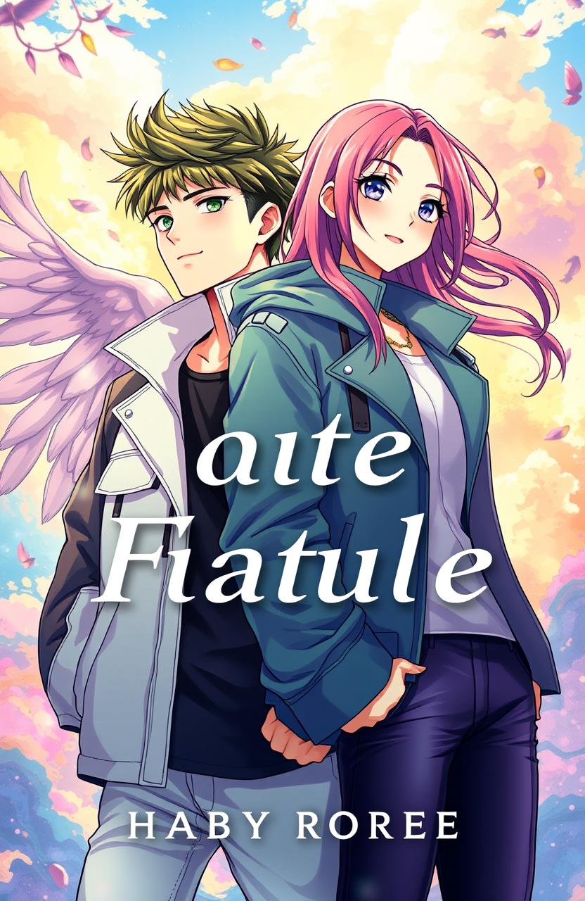 A captivating book cover for a fiction novel featuring an anime-style illustration of a handsome young man and a beautiful young woman