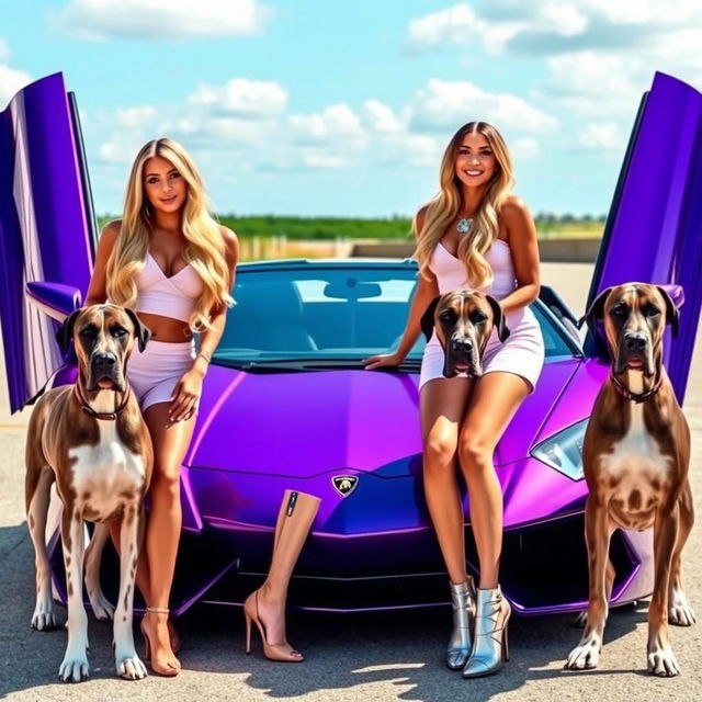 Two glamorous twin women with matching long hair and fashionable outfits, standing joyfully beside a luxurious purple Lamborghini with its doors wide open