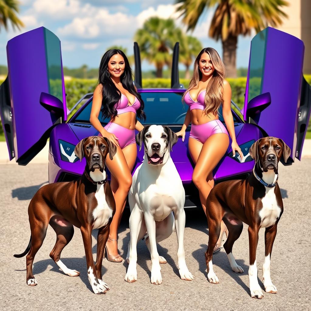 Two glamorous twin women with matching long hair and fashionable outfits, standing joyfully beside a luxurious purple Lamborghini with its doors wide open