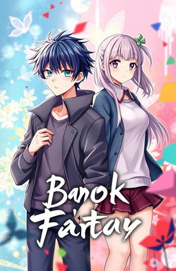 An attractive cover design for a fictional book featuring two anime-style characters; a boy with a cold expression and a girl with a pure, innocent look