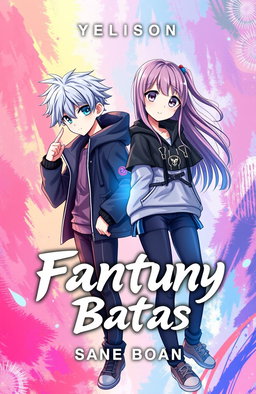 An attractive cover design for a fictional book featuring two anime-style characters; a boy with a cold expression and a girl with a pure, innocent look