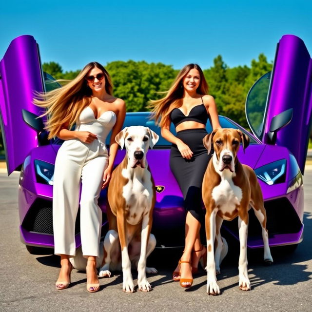 Two beautiful twin women with long, flowing hair and fashionable outfits, standing cheerfully beside a vibrant purple Lamborghini with its doors wide open