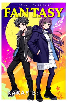 An engaging fantasy book cover featuring two fictional characters designed in an anime style: a young man with a cold gaze wearing modern, stylish clothing and a young woman with a simple, innocent appearance, also dressed in trendy attire