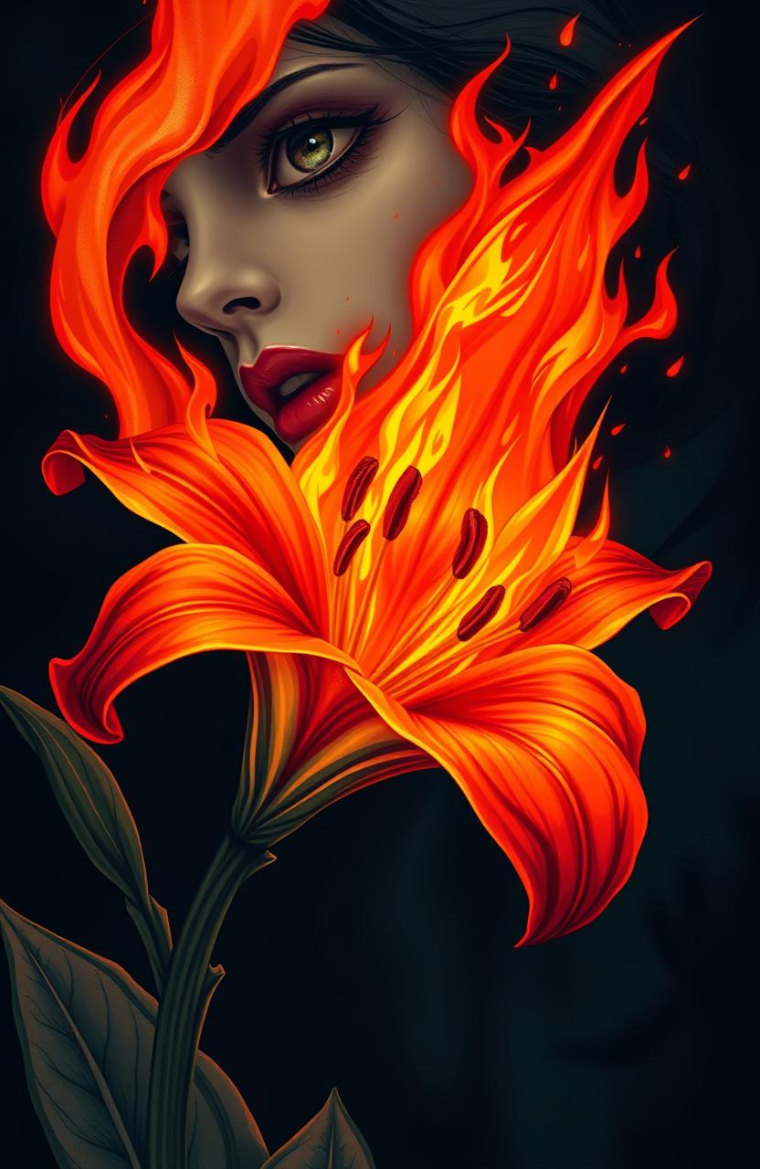 A strikingly beautiful illustration of a bloody lily engulfed in flames, symbolizing intense emotions and passion