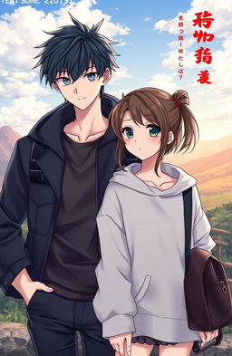 A captivating book cover for a fiction novel featuring a male and female character in an anime style