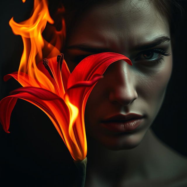 A powerful and striking image of a bloody lily set ablaze, its vivid red petals glowing against the flames