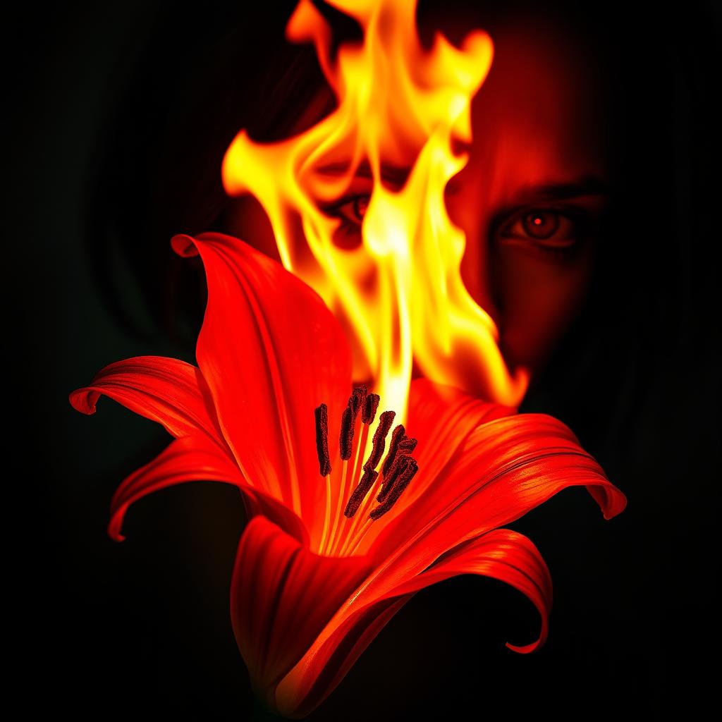 A powerful and striking image of a bloody lily set ablaze, its vivid red petals glowing against the flames