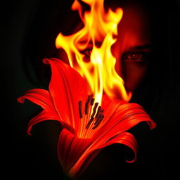 A powerful and striking image of a bloody lily set ablaze, its vivid red petals glowing against the flames