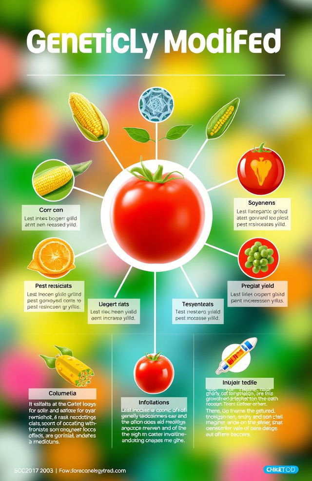 A visually striking infographic illustrating genetically modified objects, particularly focusing on food and biological additives