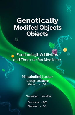 A visually engaging and informative front page for a presentation on Genetically Modified Objects, specifically focusing on food and biological additives and their use in medicine