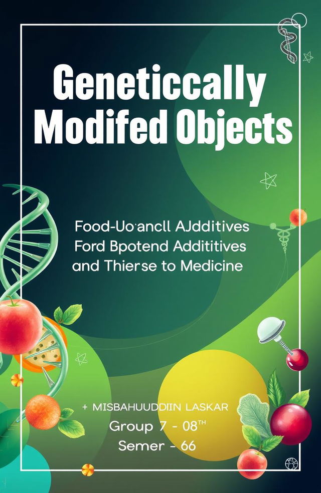 A visually engaging and informative front page for a presentation on Genetically Modified Objects, specifically focusing on food and biological additives and their use in medicine