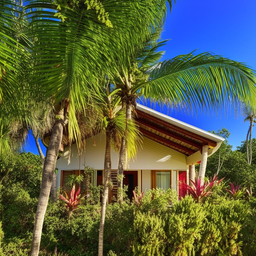 Immaculate tropical bungalow, nestled among lush vegetation under a beautiful blue sky