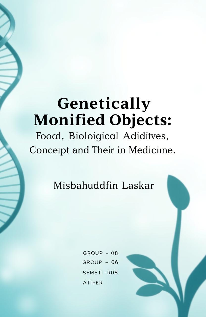 A visually appealing front page design for a report titled 'Genetically Modified Objects: Food, Biological Additives, Concept and Their Use in Medicine'