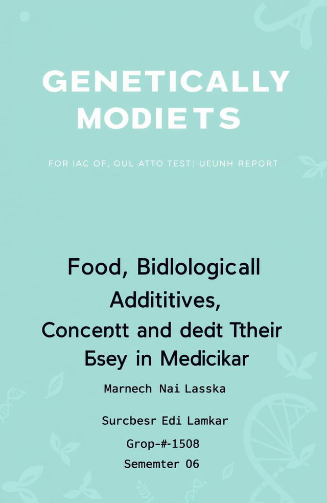 A visually appealing front page design for a report titled 'Genetically Modified Objects: Food, Biological Additives, Concept and Their Use in Medicine'