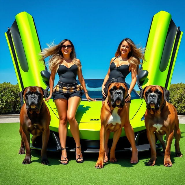 Two stylish twin women with long, flowing hair and trendy outfits, standing beside a striking lime green McLaren with its doors elegantly open