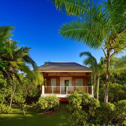 Immaculate tropical bungalow, nestled among lush vegetation under a beautiful blue sky