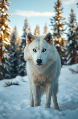 A majestic white wolf with striking blue eyes, standing proudly in a snow-covered forest