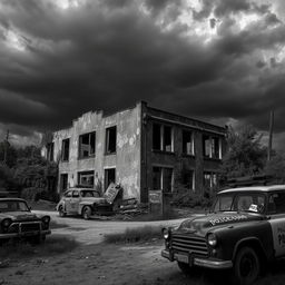 A dramatic black and white scene of an abandoned police station in a post-apocalyptic world