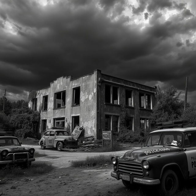 A dramatic black and white scene of an abandoned police station in a post-apocalyptic world