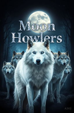 A majestic white wolf with striking blue eyes stands at the forefront, exuding a powerful aura