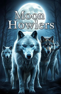 A majestic white wolf with striking blue eyes stands at the forefront, exuding a powerful aura