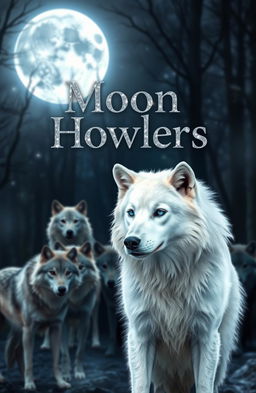 A majestic white wolf with striking blue eyes stands at the forefront, exuding a powerful aura