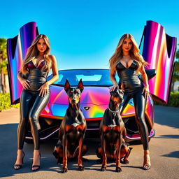 Two stunning twin women with long, flowing hair and fashionable outfits, standing next to a breathtaking holographic Lamborghini with its doors elegantly open