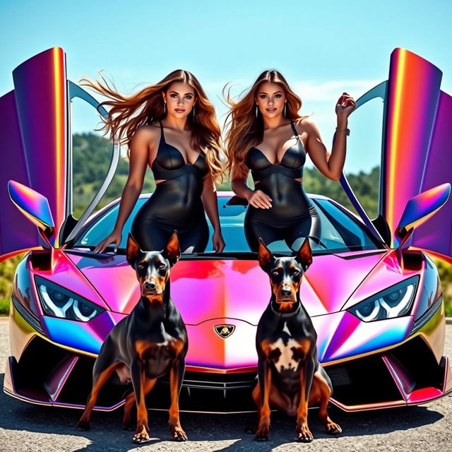 Two glamorous twin women with long, flowing hair styled elegantly, standing gracefully next to a stunning holographic Lamborghini with its doors wide open