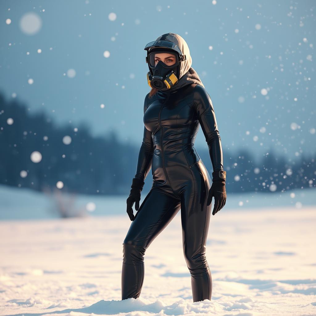 A hot woman in a snug, black shiny arctic immersion suit that accentuates her figure, complemented by a fashionable gas mask that adds an intriguing, edgy touch